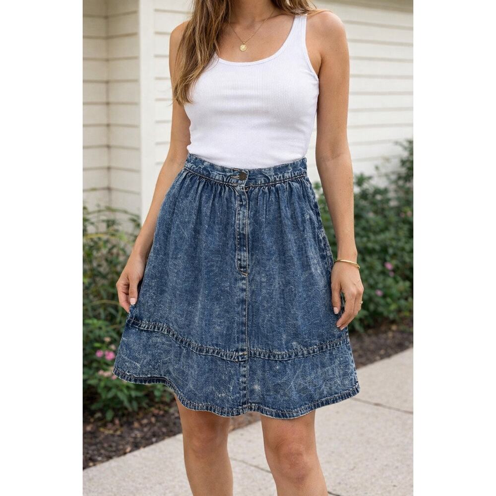 Vintage Women's Zena Blue Acid Wash Pleated A Line Mini Skirt 80s 90s Western XS